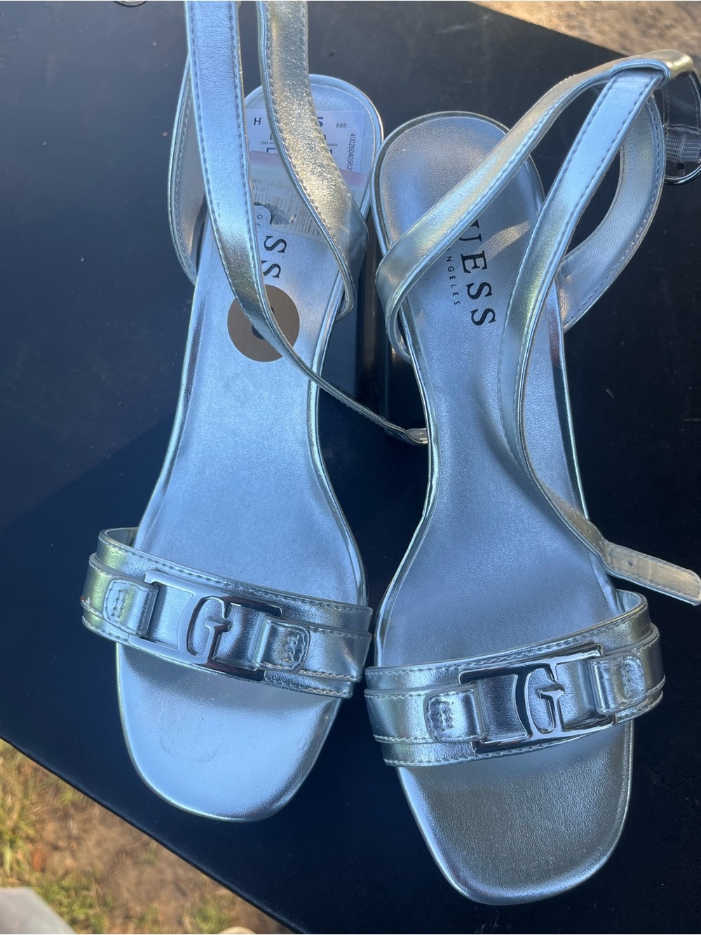 Guess Metallic Silver Strappy Heels with Logo Accent